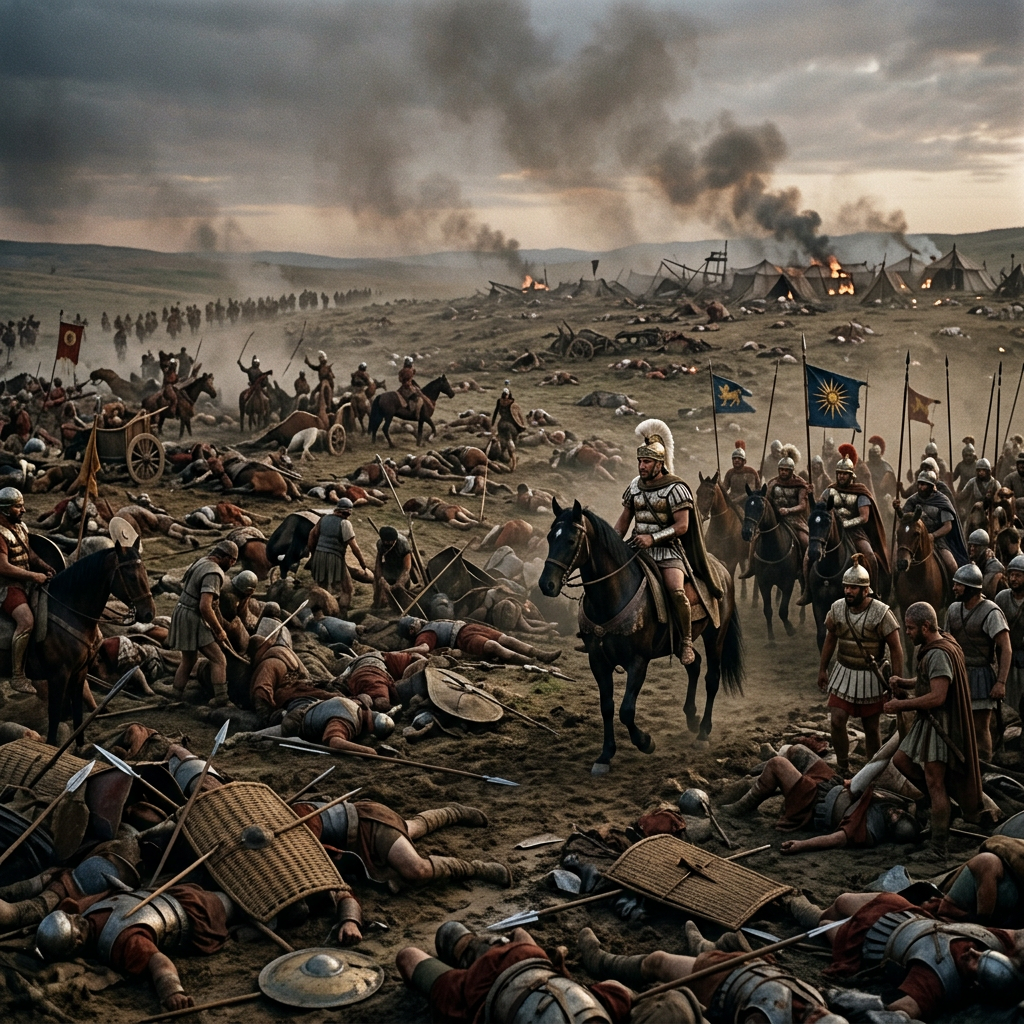 Roman soldiers on horses and on foot among fallen warriors and burning tents on a smoky battlefield