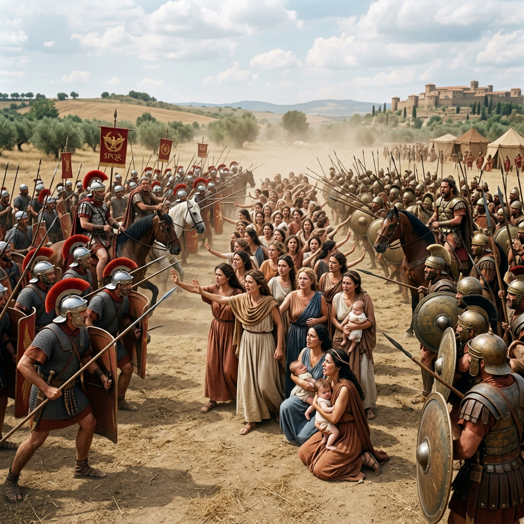 Women pleading with Roman soldiers armed with spears and shields on a dusty plain
