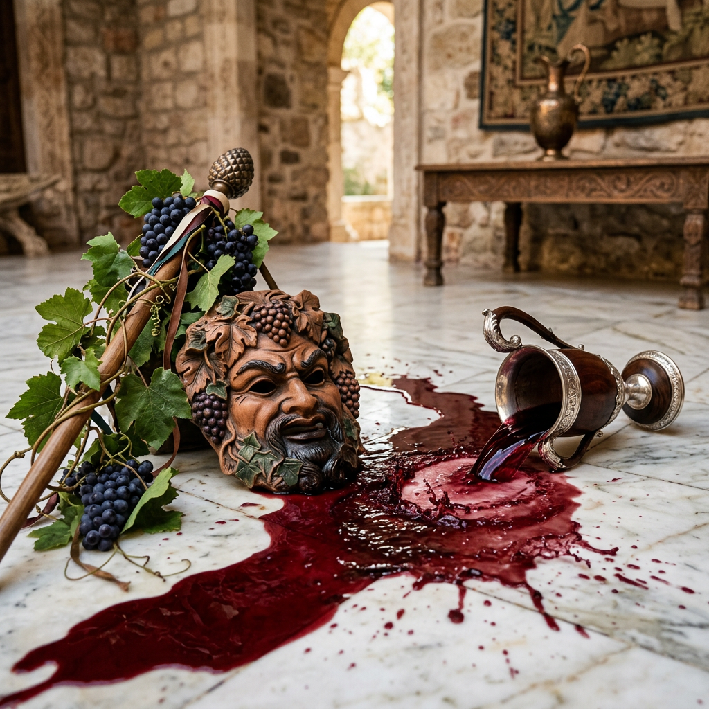 Spilled red wine from an ornate goblet beside a Bacchus face mask and grapevine