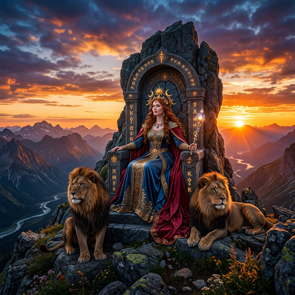 Queen in ornate blue and red gown with crown seated on a carved stone throne between two lions at mountain sunset