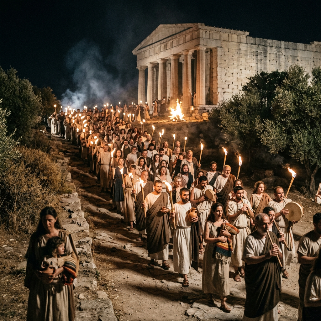 People in ancient-style clothing holding torches and playing instruments walking in a night procession near a temple