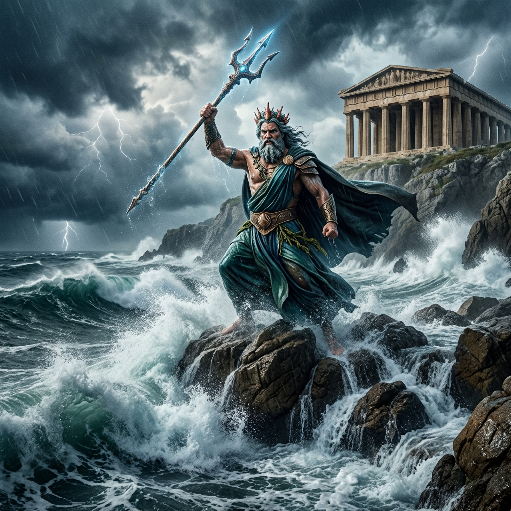 Poseidon standing on rocks in stormy sea, holding a trident with temple on cliff