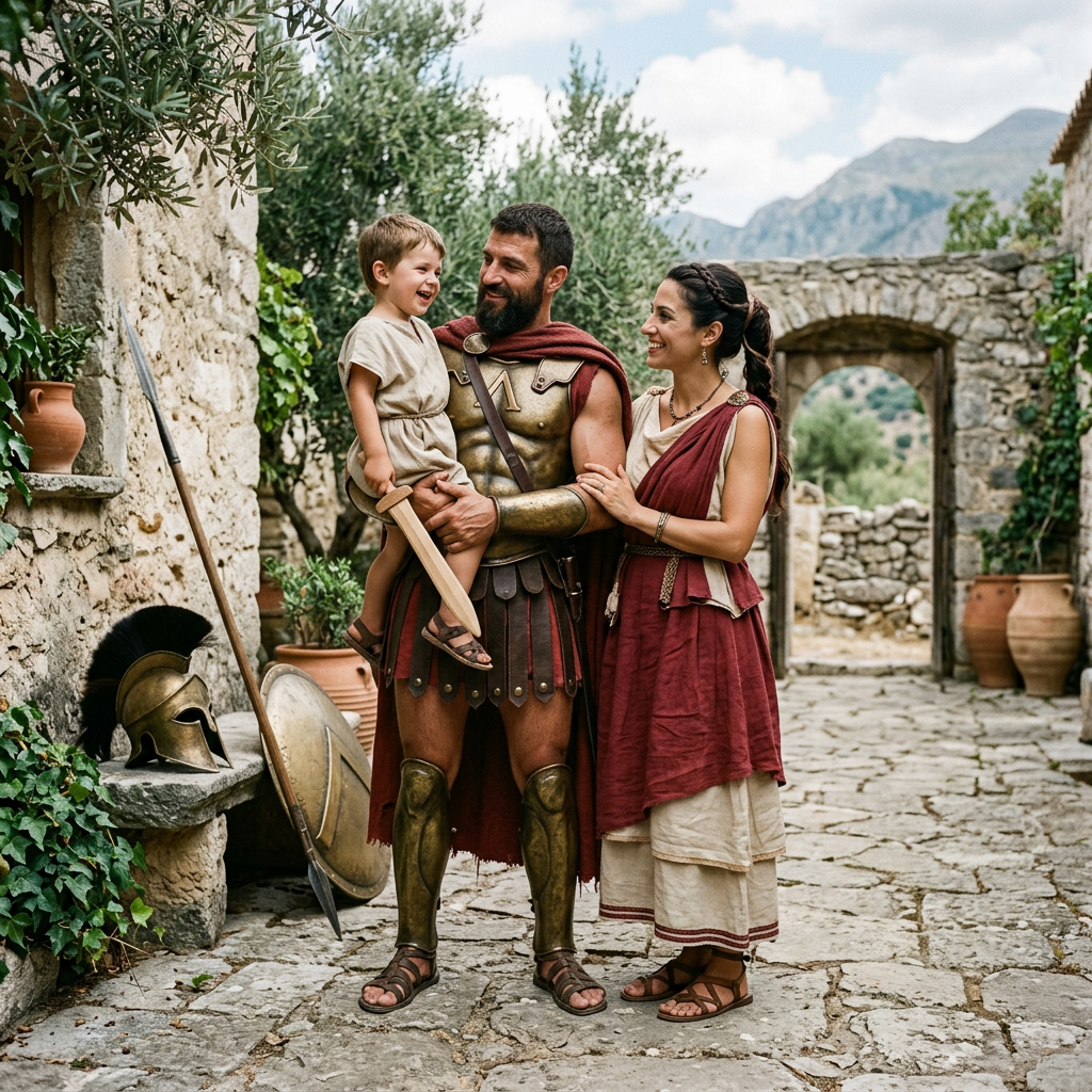 Man in ancient Greek armor holds smiling child with wooden sword, woman in traditional dress beside them