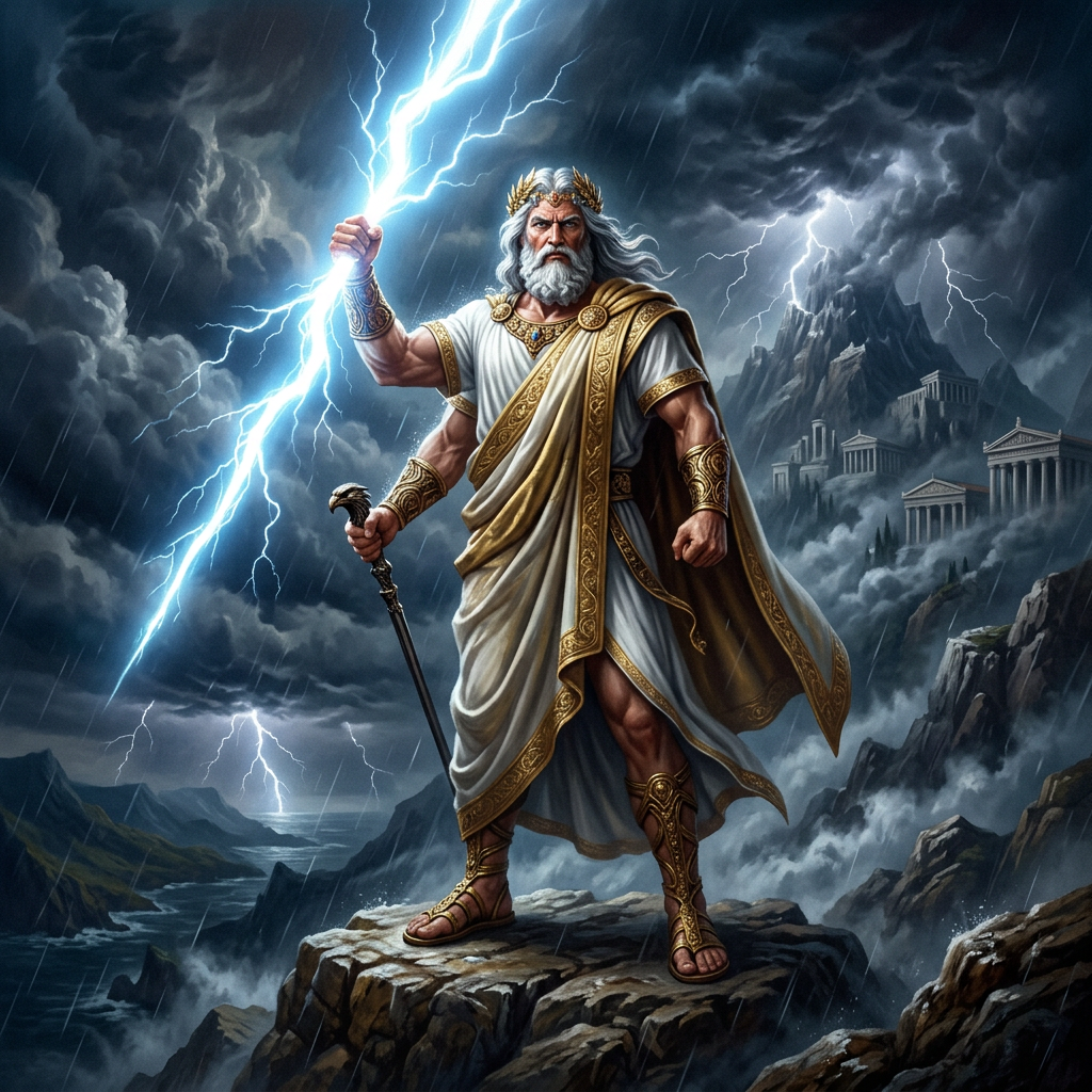 Ancient Greek god Zeus holding lightning bolt on cliff with storm and temples