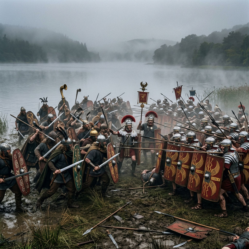 Roman soldiers with red shields fighting barbarian warriors with round shields near a misty river