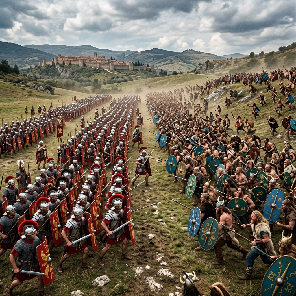 Roman soldiers in formation with shields and spears face barbarian warriors with shields and axes on a grassy plain near a fortress.