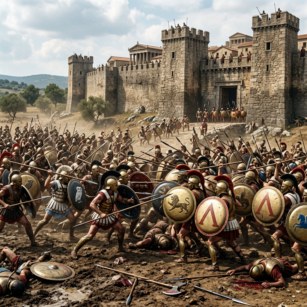Ancient Greek soldiers in armor and helmets fighting with spears and shields before a stone fortress with towers and gates.
