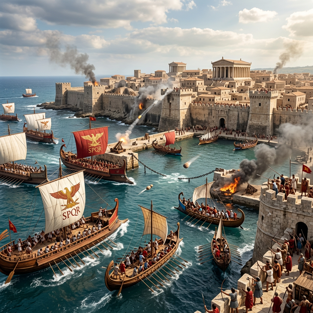 Roman triremes attacking a walled ancient city with catapult fire and soldiers on walls