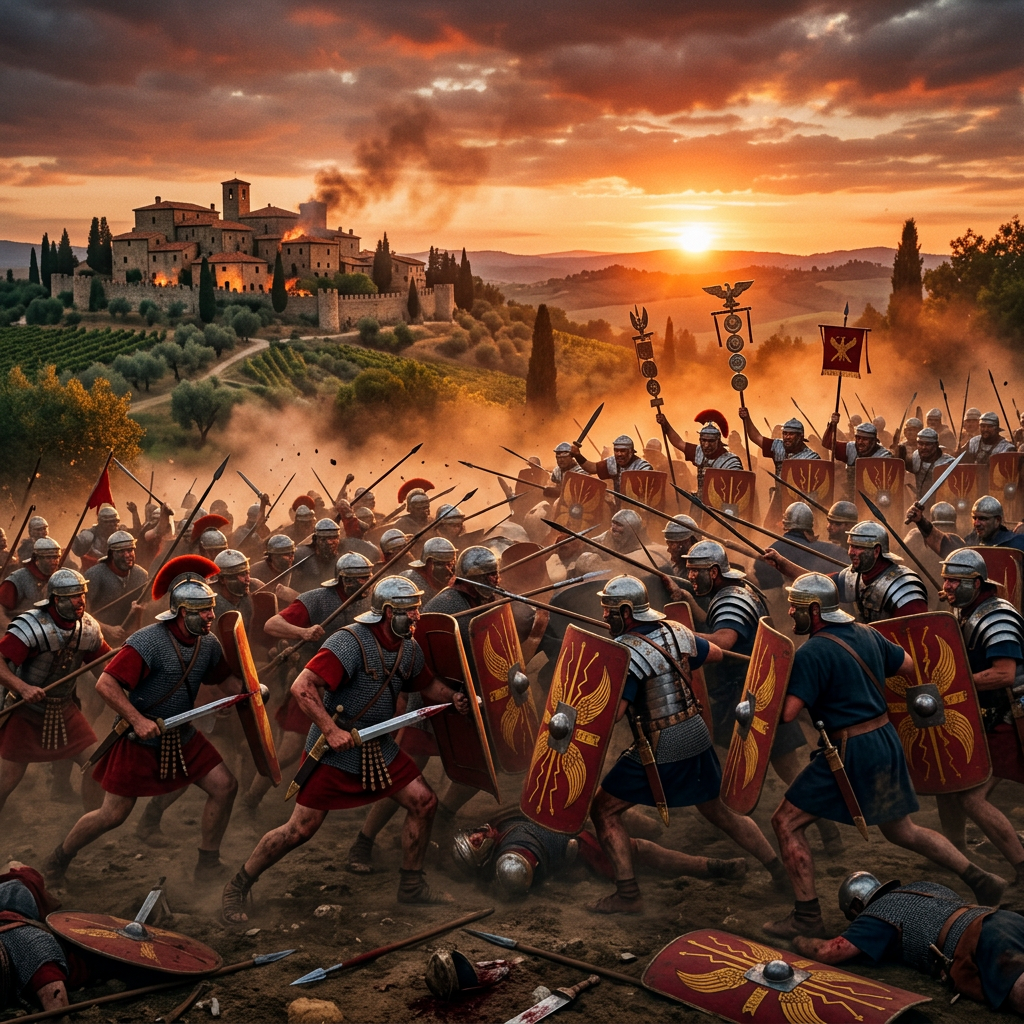 Roman soldiers in armor fighting with swords and shields near a villa with smoke