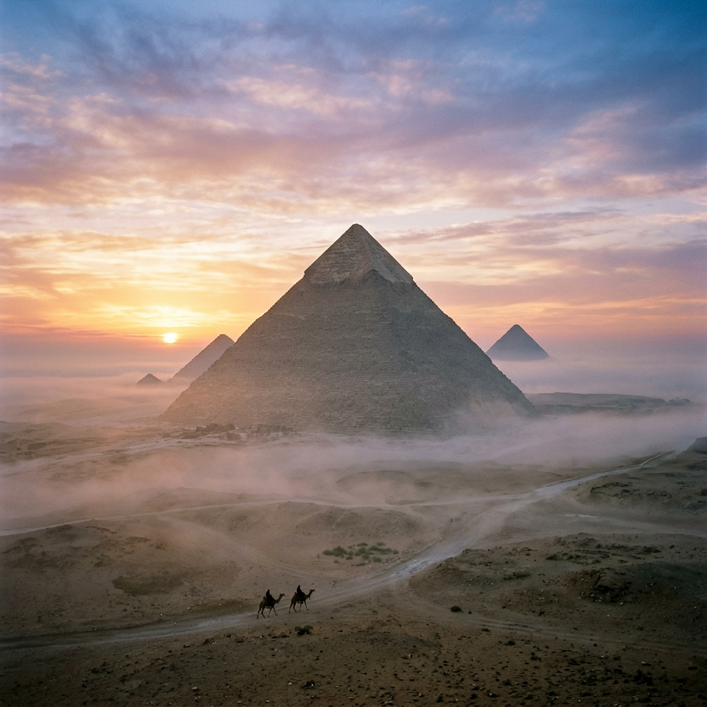 Three pyramids of Giza at sunrise with mist and two riders on camels in the foreground