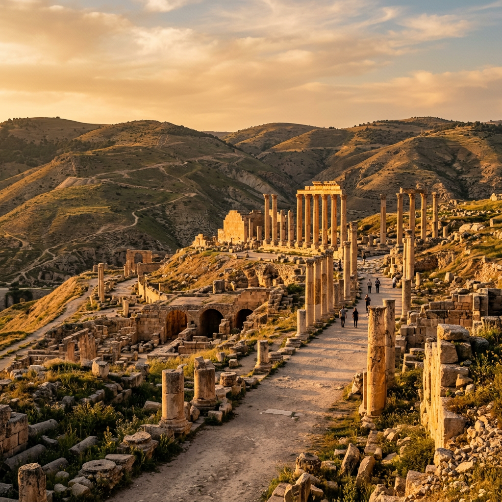 Ancient Roman ruins with tall stone columns and remnants of buildings on a pathway
