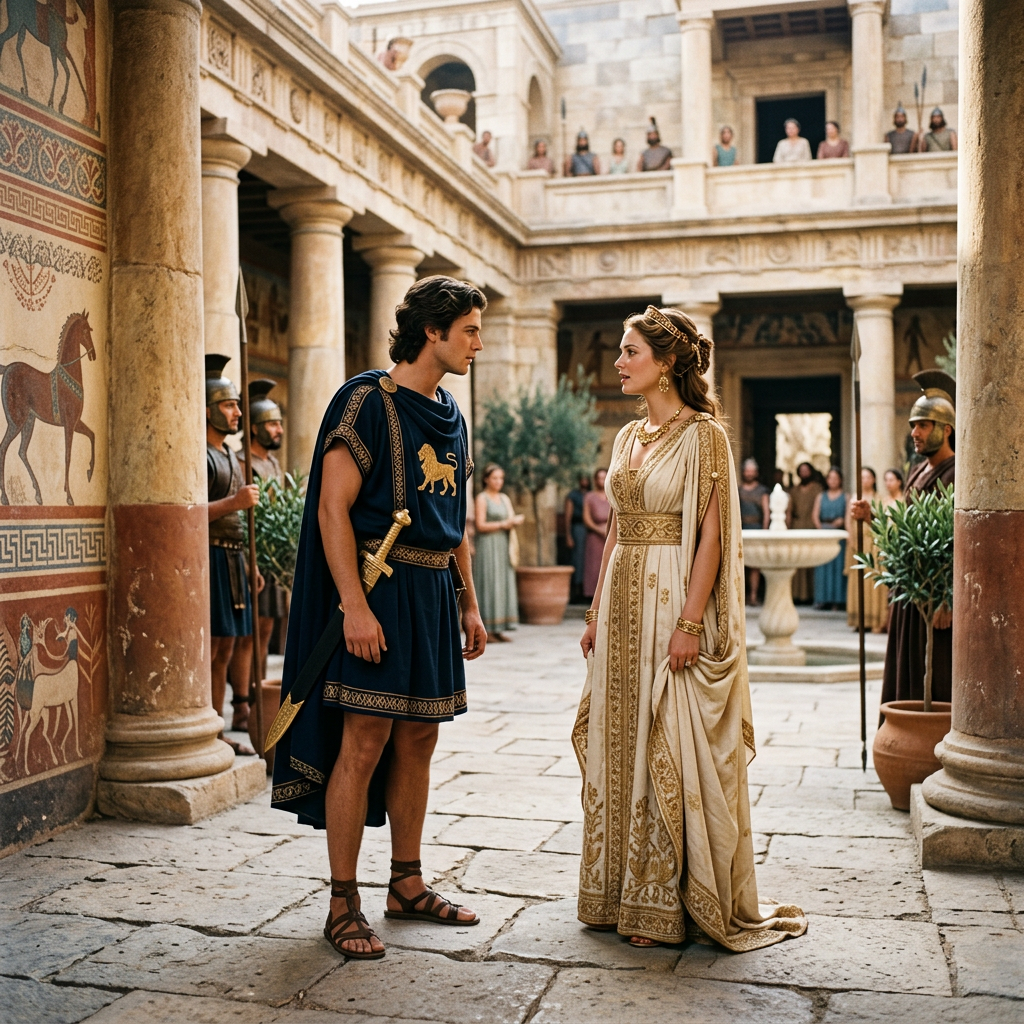 A young man in blue and gold ancient attire and a woman in an ornate cream and gold dress standing face to face in a stone courtyard surrounded by guards and onlookers.