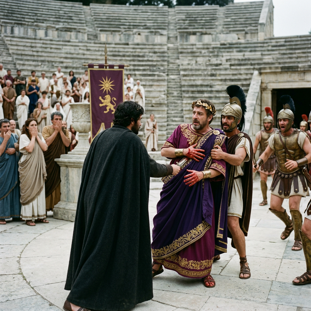 Roman emperor in purple robe injured and supported by soldier in ancient arena