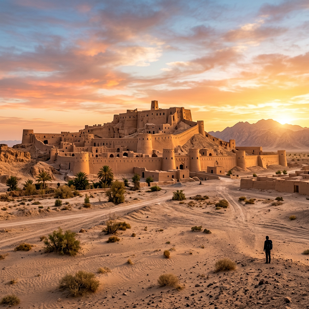 Large ancient desert fortress with walls and towers at sunset