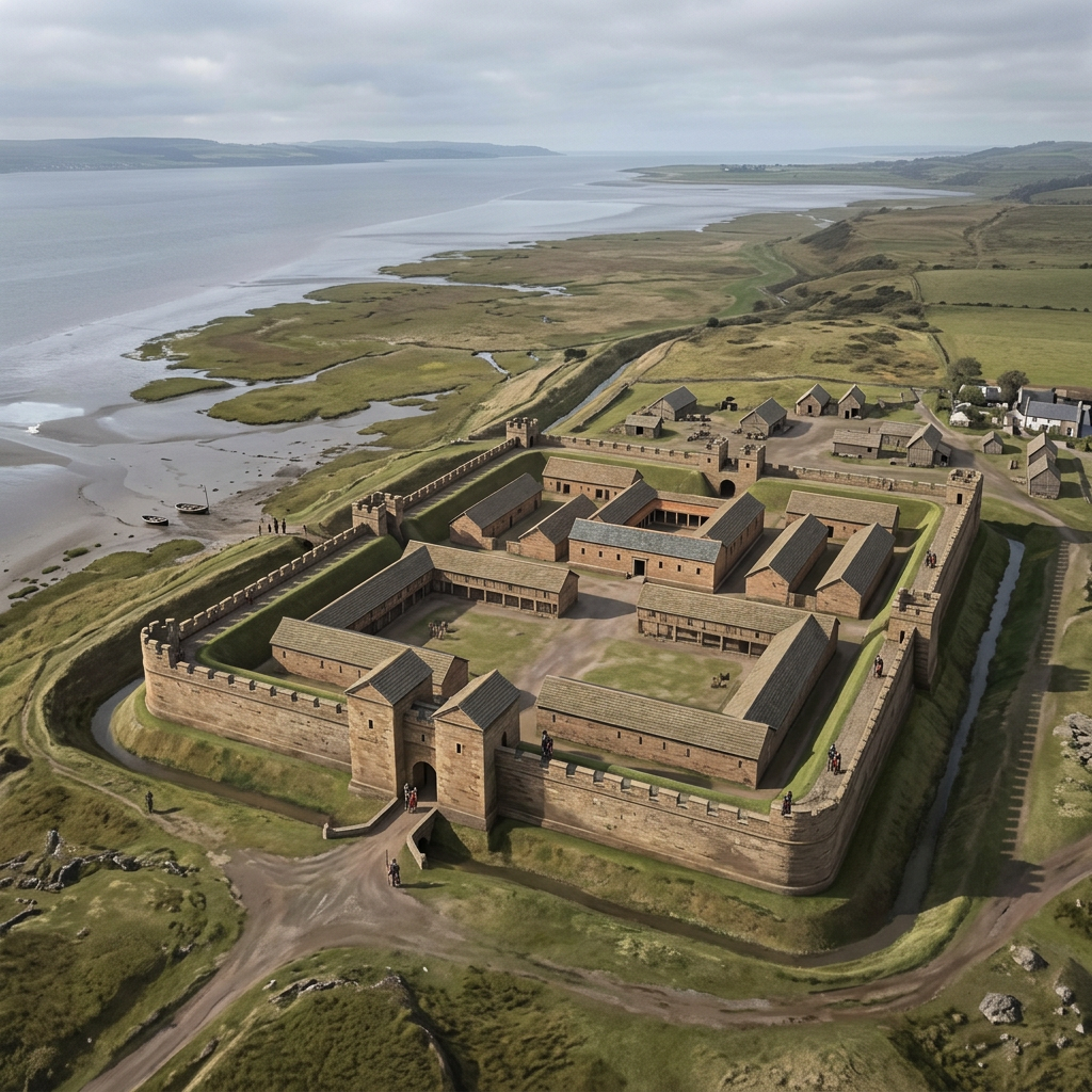 Medieval coastal fort with stone walls, towers, gatehouse, and internal buildings surrounded by water and marshland