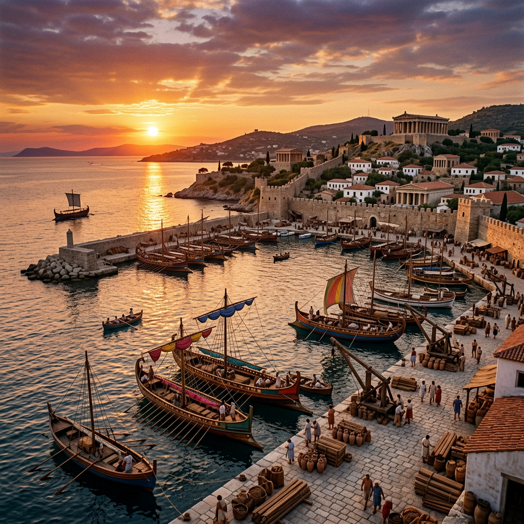 Ancient harbor with sailing ships, stone quay, and classical buildings at sunset