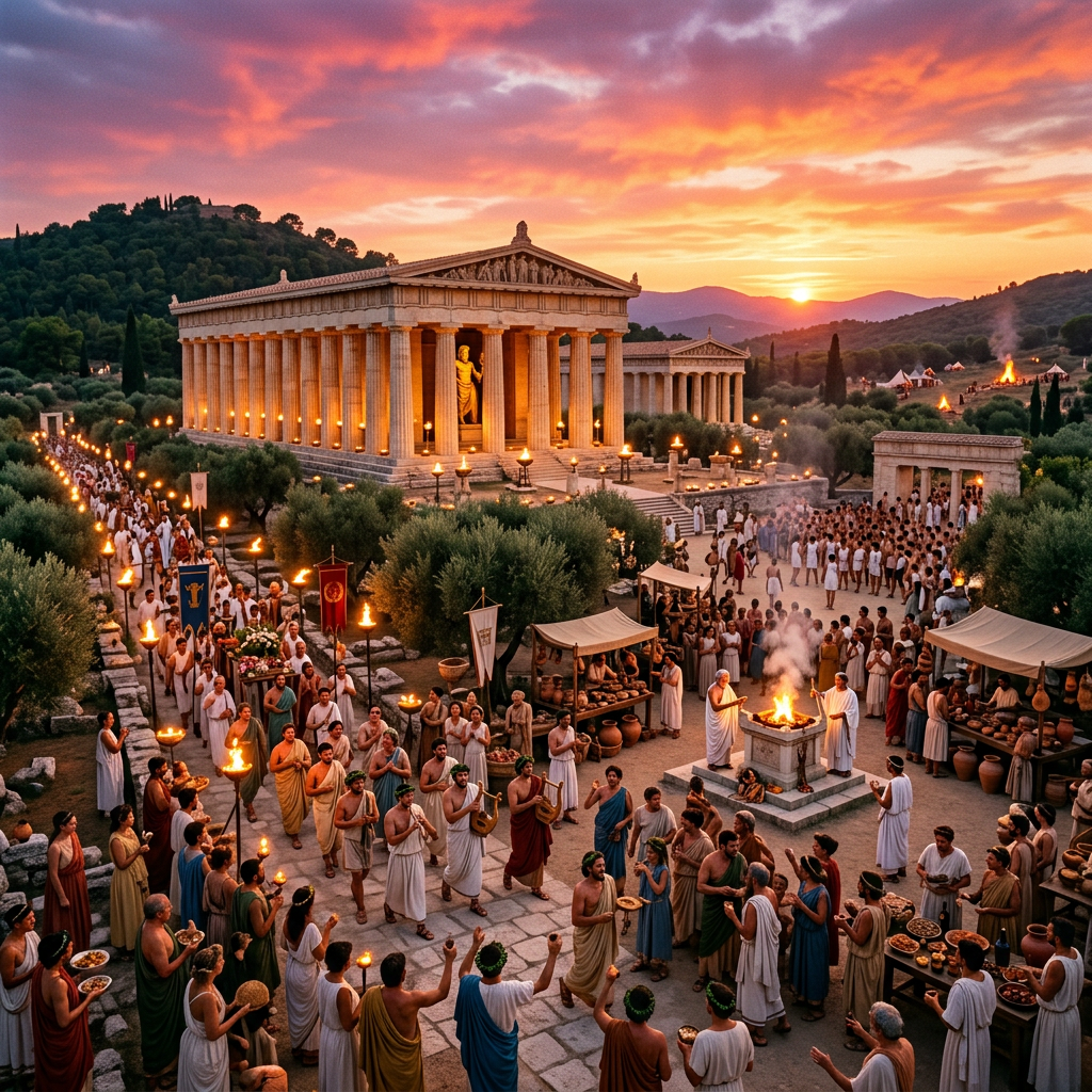Crowd celebrating a festival near ancient Greek temples with torches and offerings
