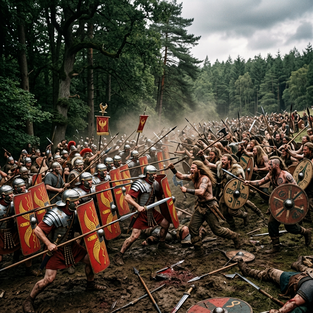 Roman soldiers in armor and red shields fighting barbarian warriors with axes and round shields in a forest clearing