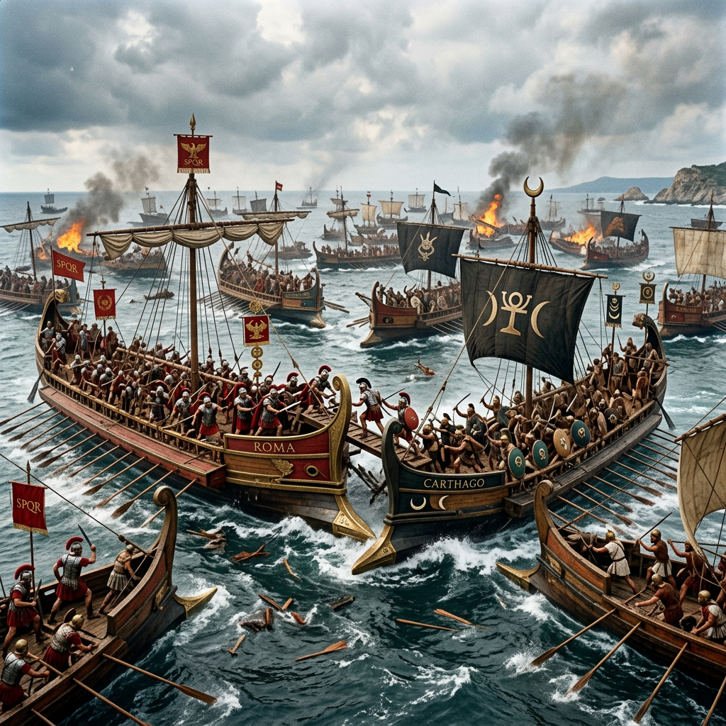 Roman and Carthaginian warships engaged in combat on the sea amid smoke and fire