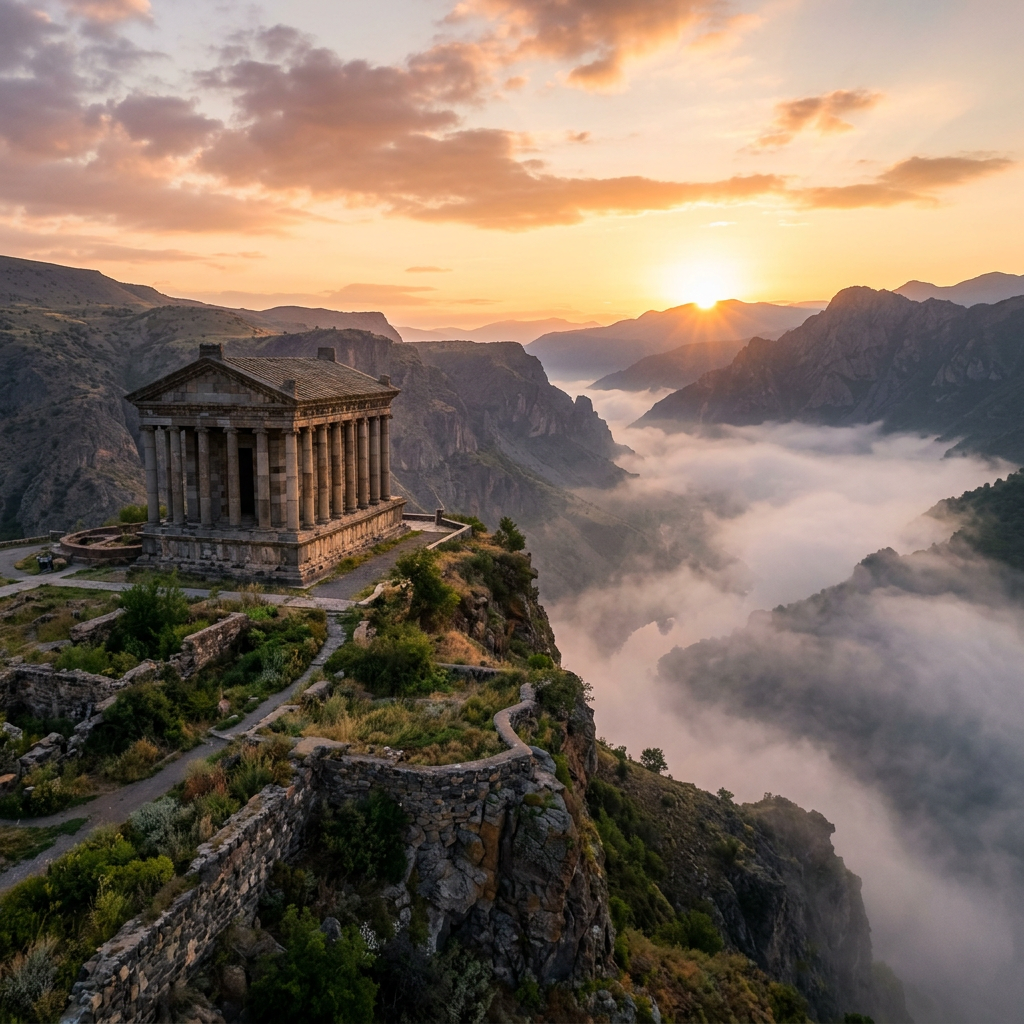 Ancient temple on a cliff with sunrise and misty mountains in background