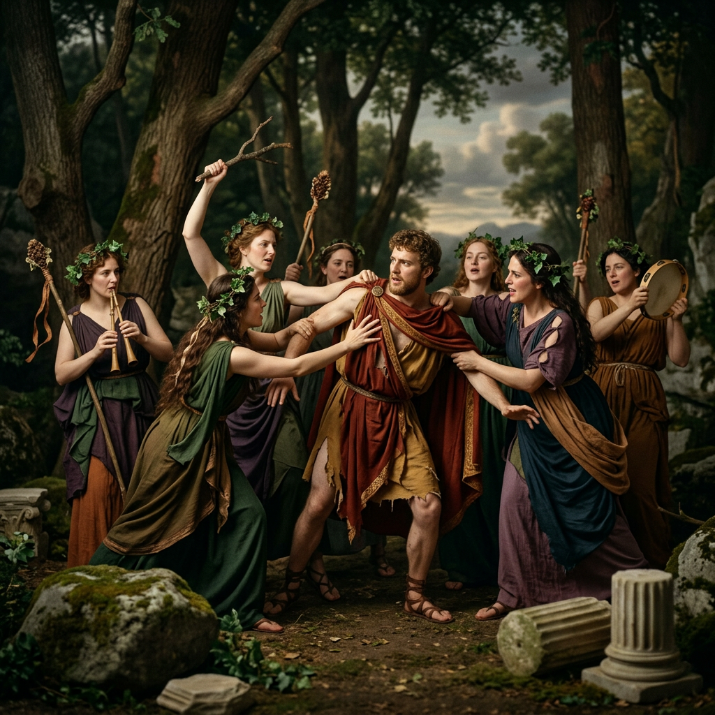 A man dressed in ancient robes is surrounded and grabbed by women wearing leafy wreaths and classical dresses in a forest clearing.