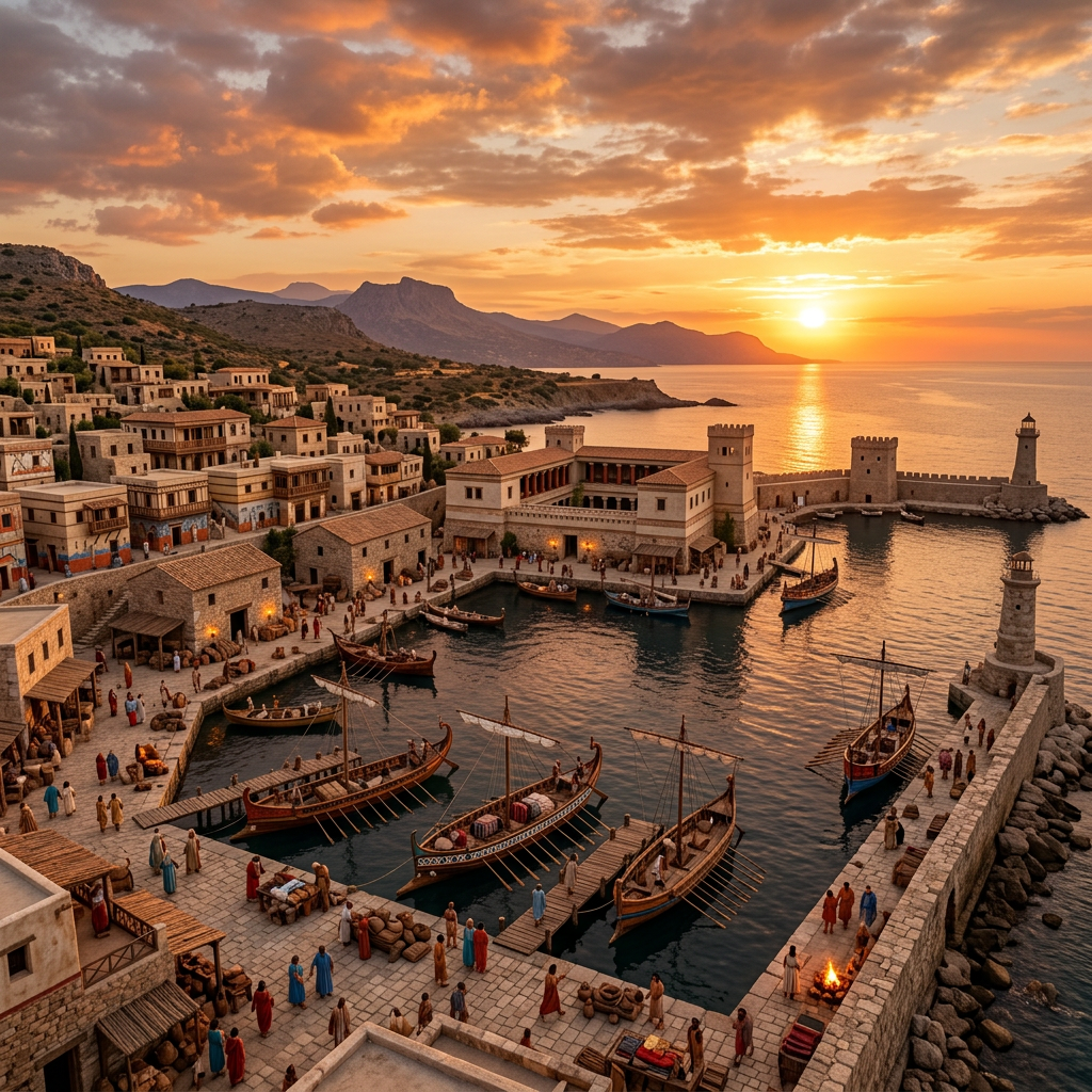 Ancient coastal harbor with docked ships, stone buildings, and people at sunset