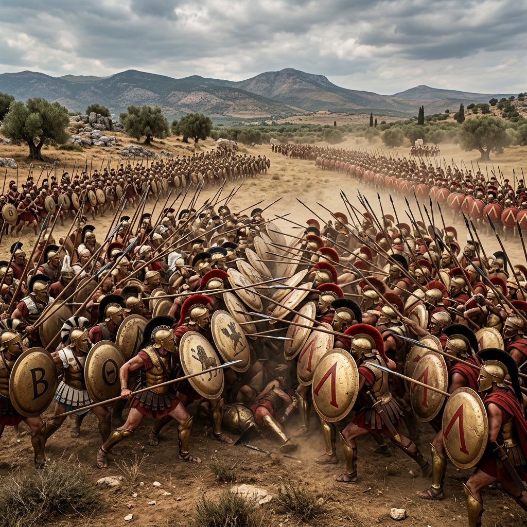 Ancient Greek soldiers in phalanx formation with spears and shields engaged in battle
