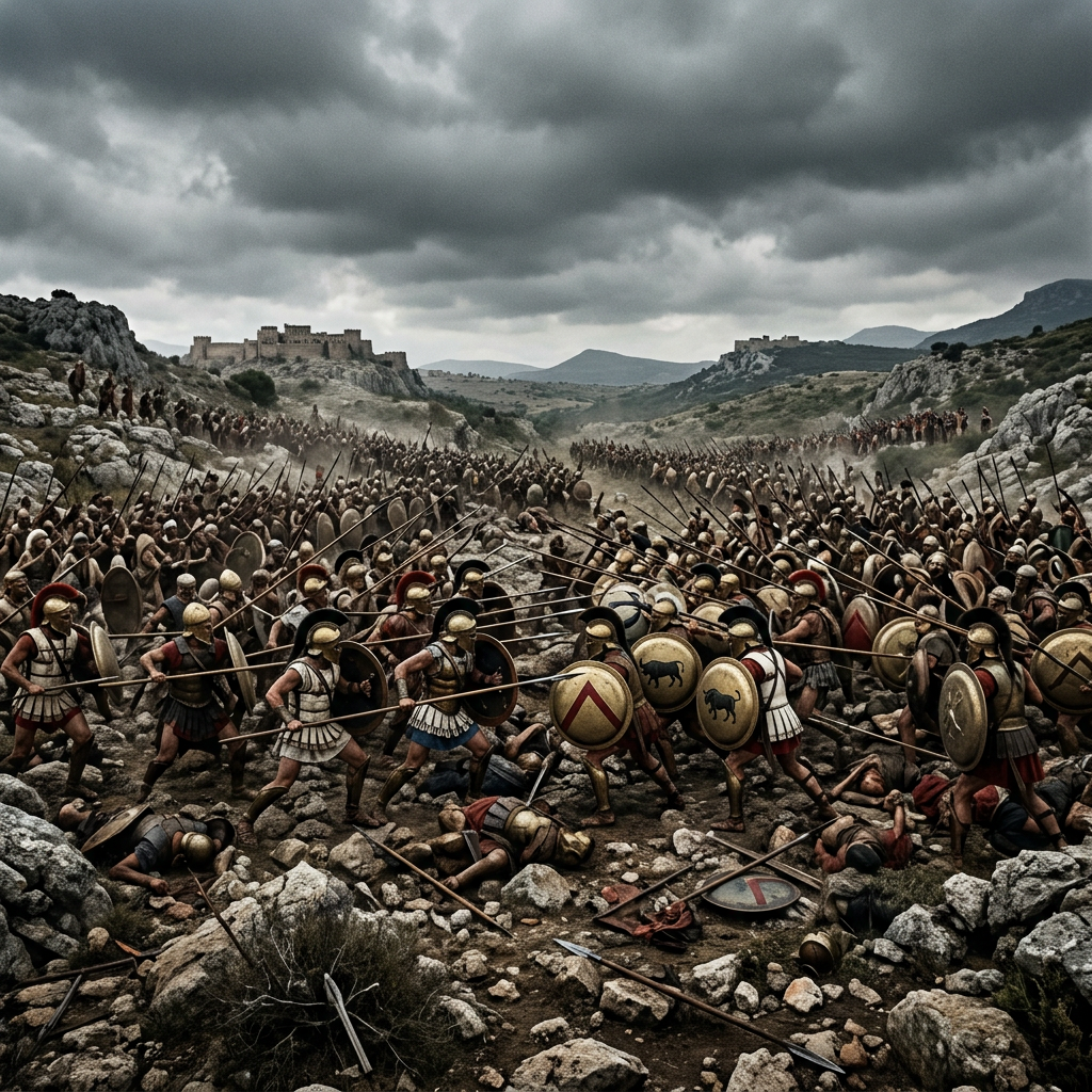 Ancient Greek hoplite soldiers with spears and shields fighting in dense phalanx formation on rocky battlefield