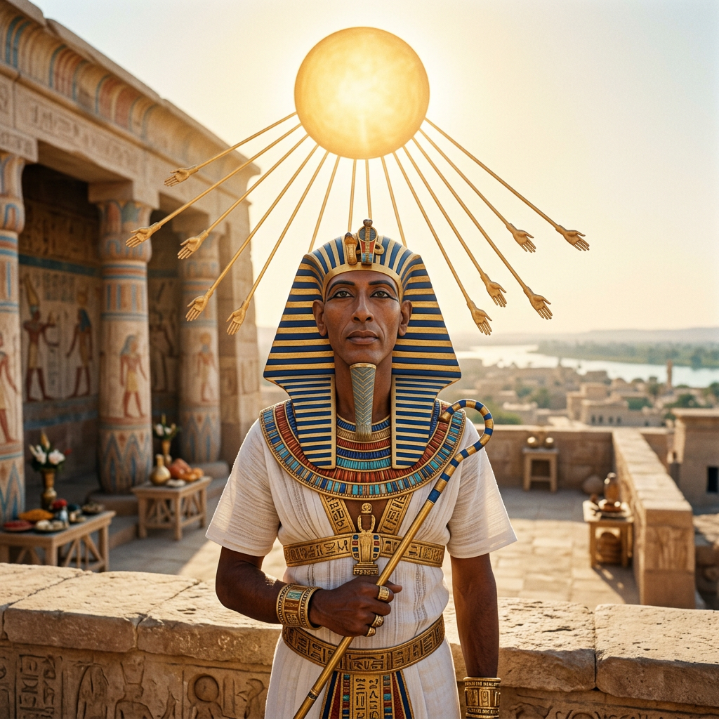Pharaoh wearing striped blue and gold headdress holding a staff with sun rays ending in hands behind him