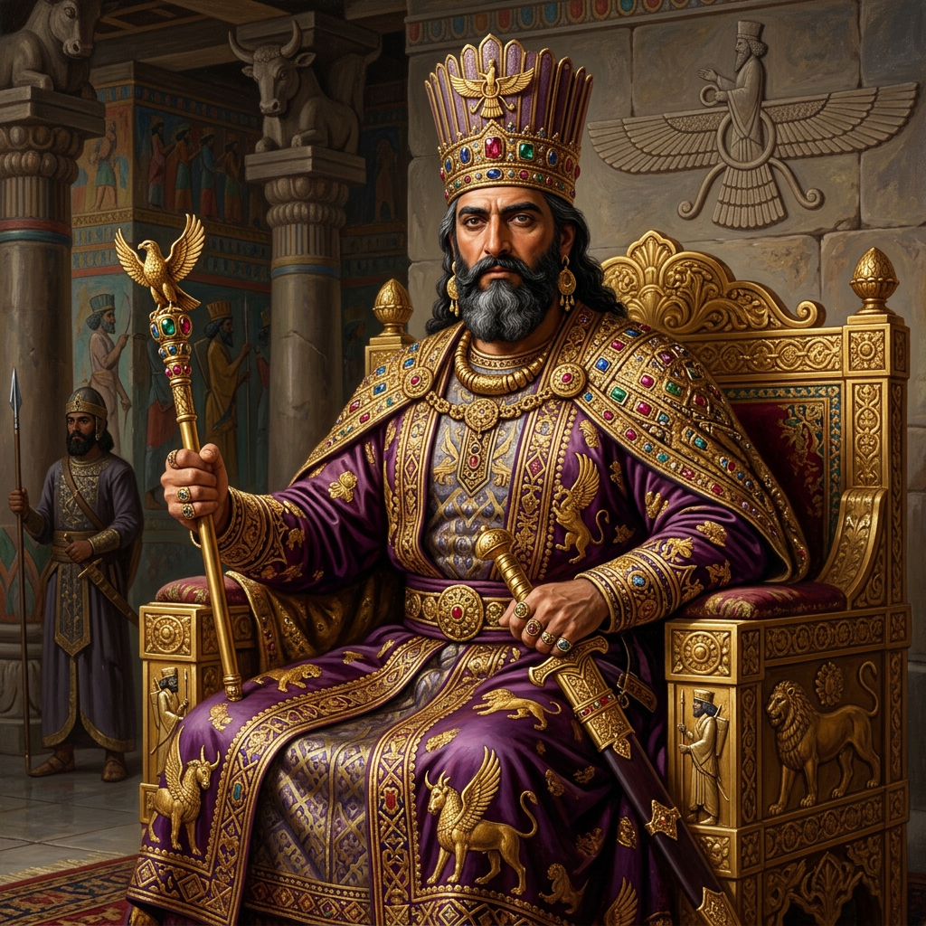 Ancient Persian king in jeweled purple robes seated on golden throne holding a scepter