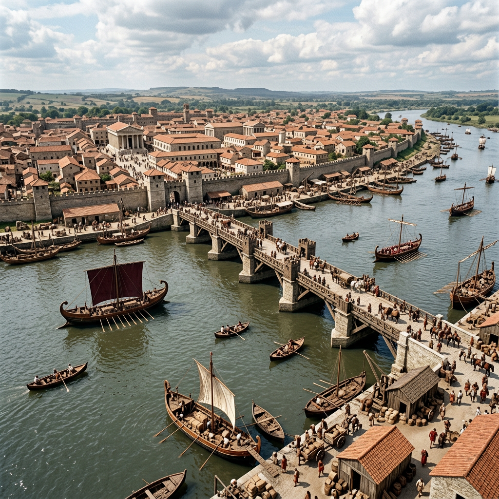 Ancient Roman city with harbor, bridge, ships, and people