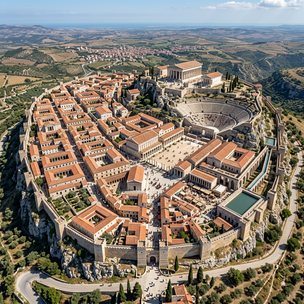 Aerial view of a fortified ancient Greek city with red-roofed buildings, large temples, and a stone amphitheater