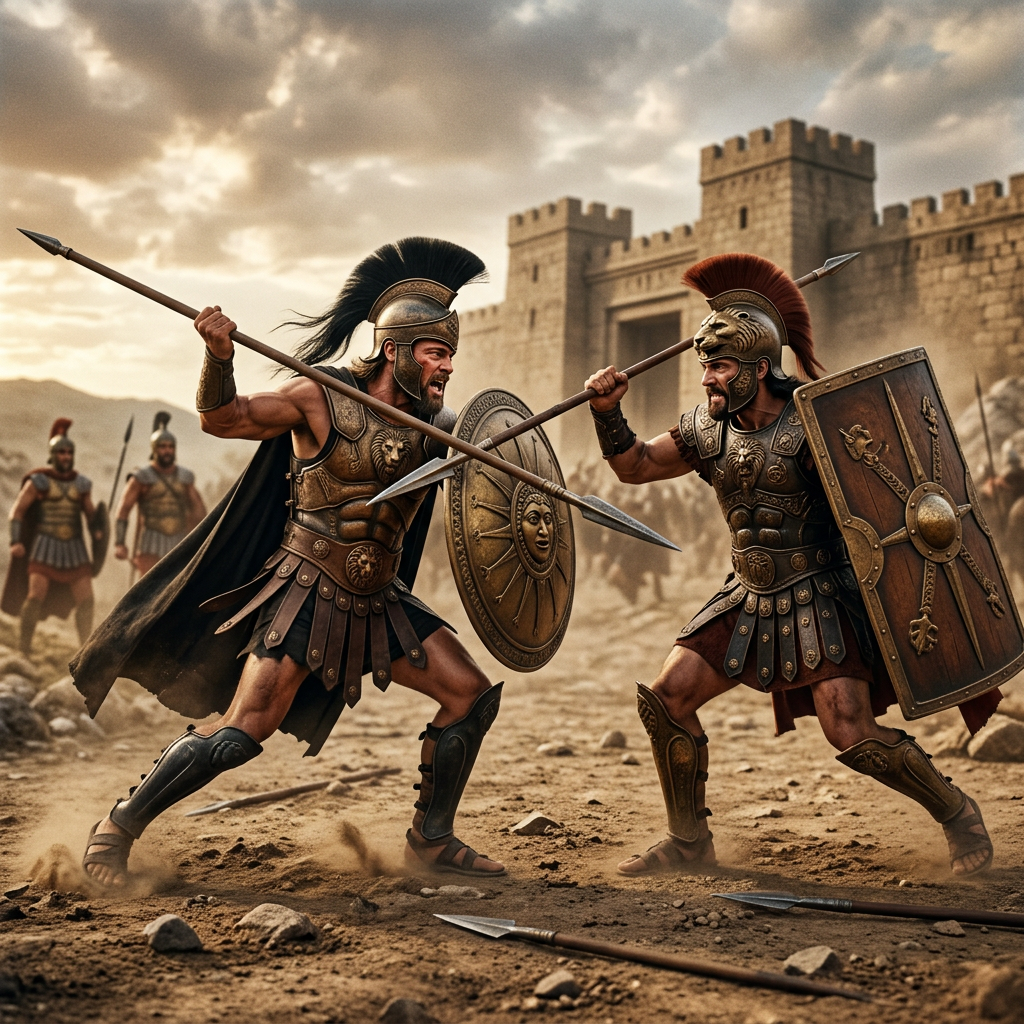Two ancient warriors in bronze armor and helmets fighting with spears and shields outside a stone fortress