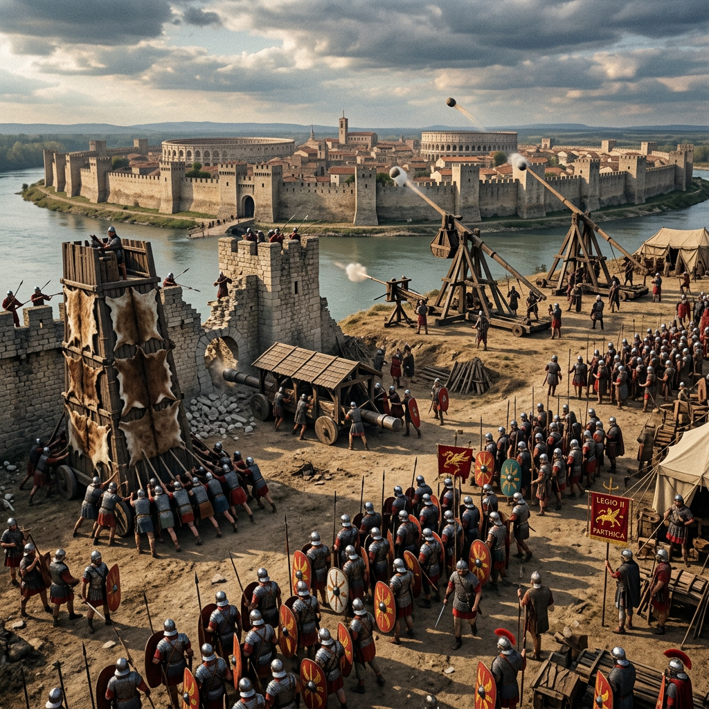 Roman soldiers with shields and armor attacking a walled city using siege towers, catapults, and a battering ram