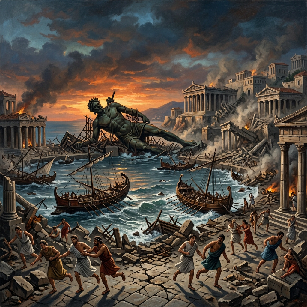 Ancient city ruins with people fleeing, burning buildings, ships in turbulent sea, and a giant fallen statue in the water