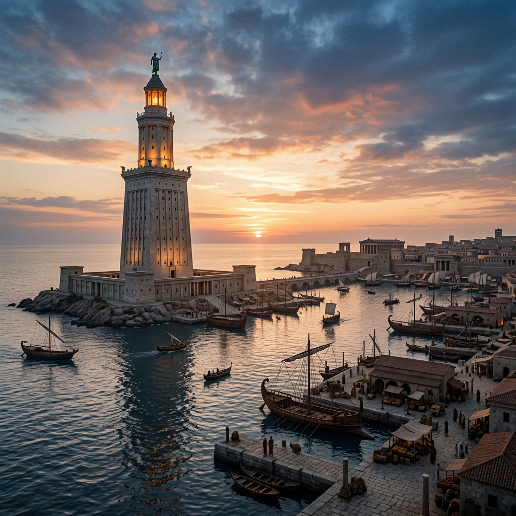 Ancient lighthouse on rocky island overlooking harbor filled with wooden ships and buildings at sunset