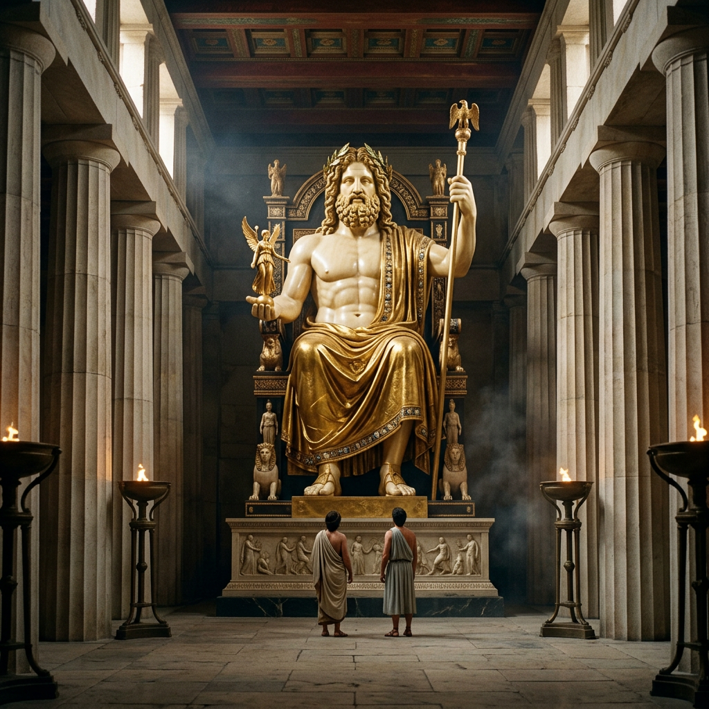 Two people in robes standing in a temple facing a large golden statue of Zeus on a throne