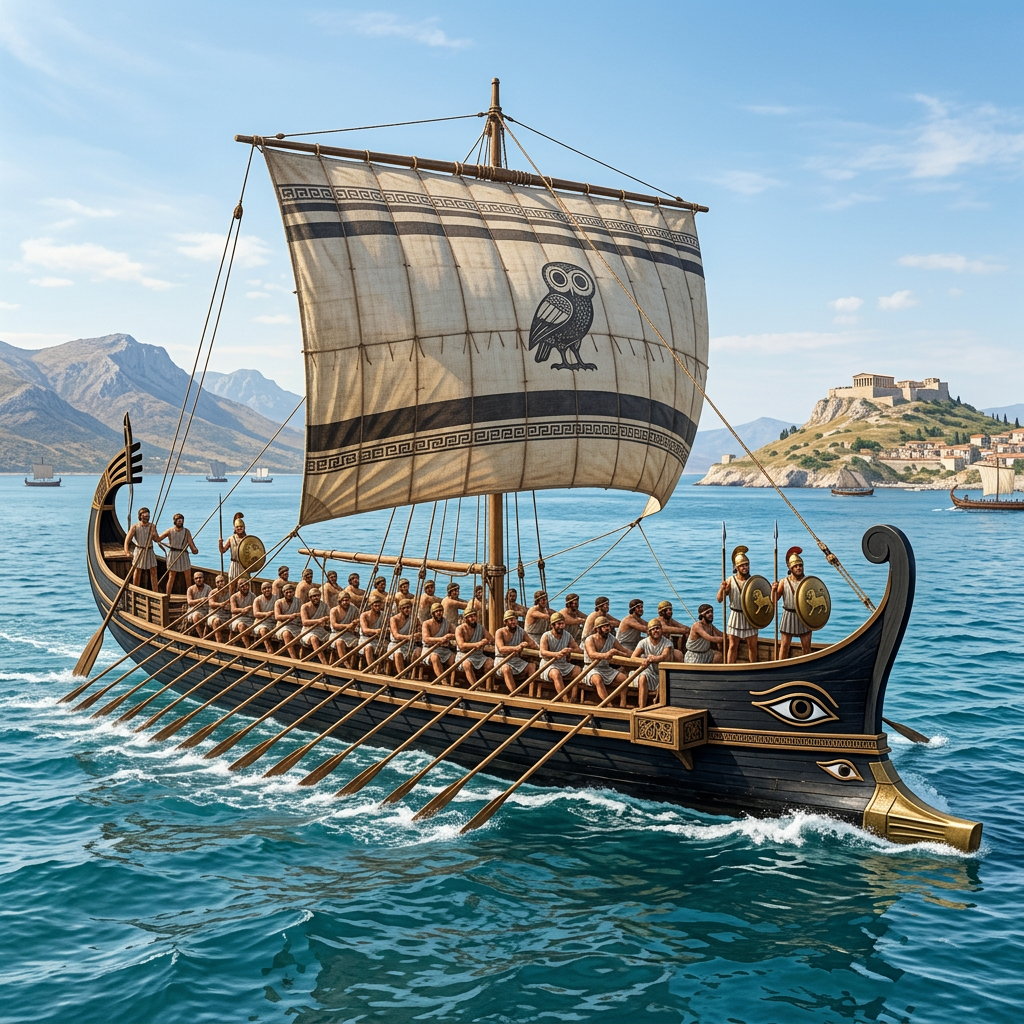 Ancient Greek galley with rowers sailing past a coastal fortress