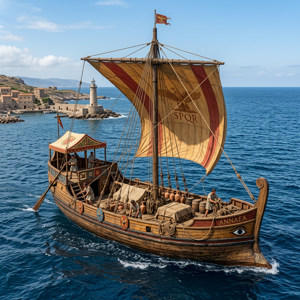 Roman merchant ship with SPQR sail near a lighthouse and coastal harbor