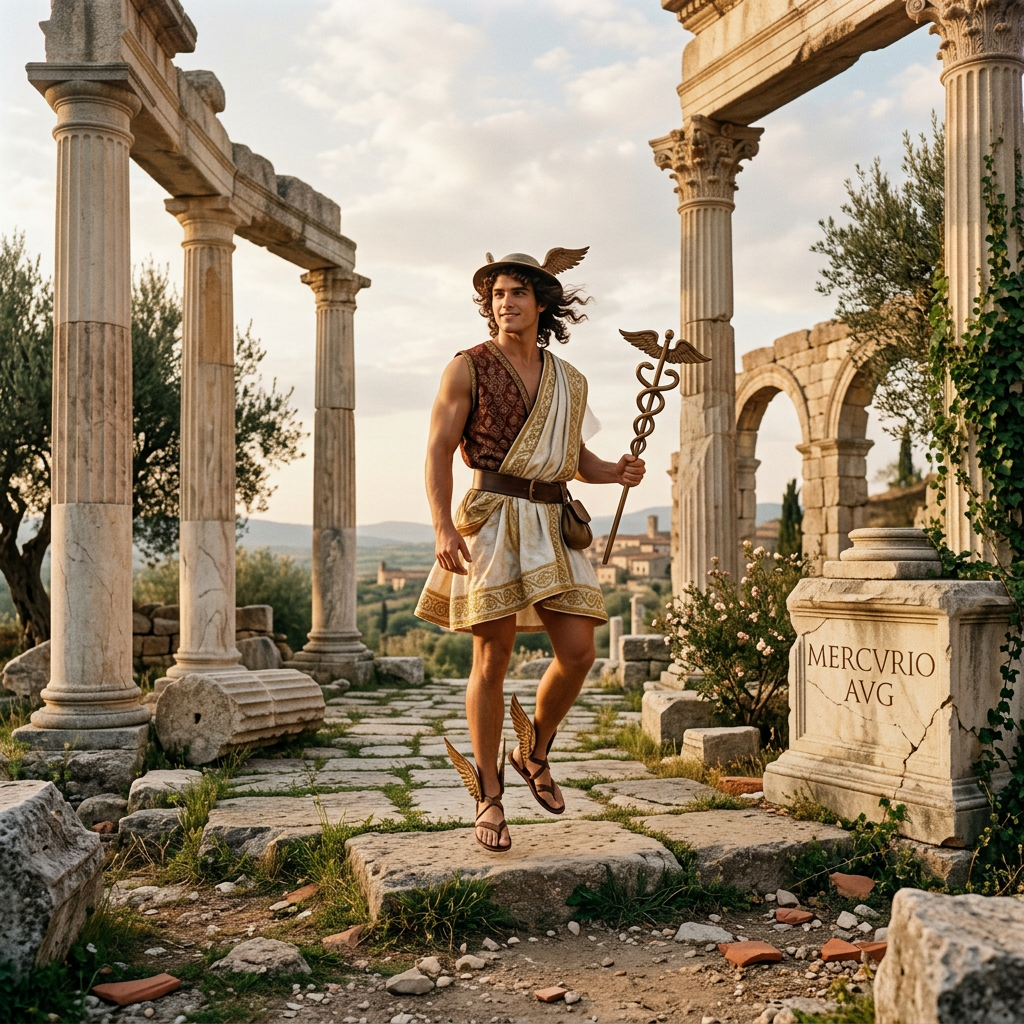 Winged Mercury figure holding a caduceus among ancient Roman ruins