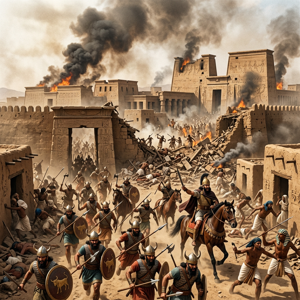 Ancient city under attack by armored warriors amid fire and smoke