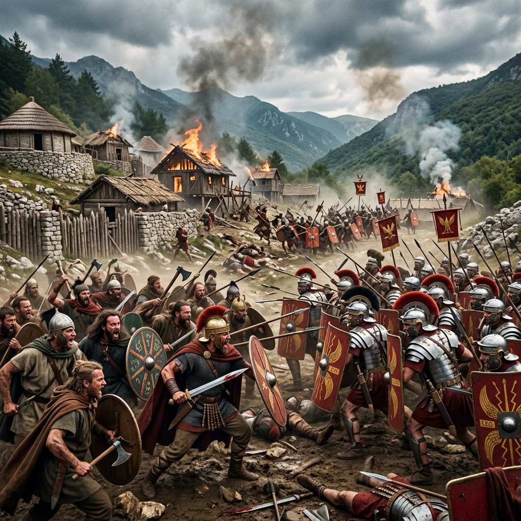 Roman soldiers and tribal warriors fighting beside burning mountain village