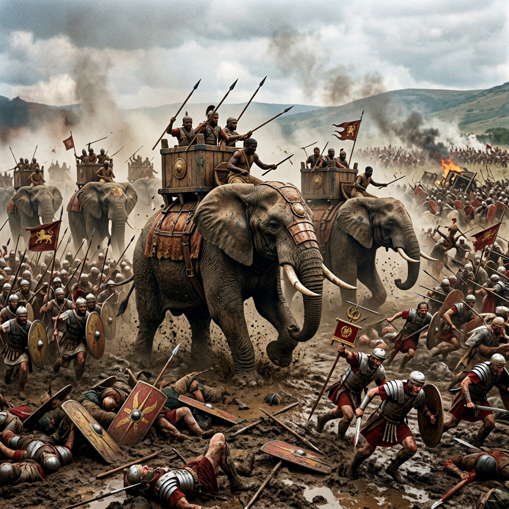 War elephants with armed riders charge opposing ancient armies on a battlefield.