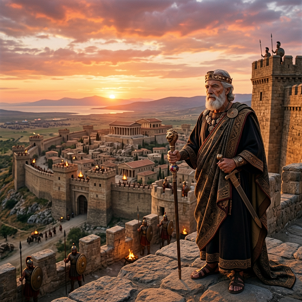 Bearded ruler holding a staff above a torchlit ancient fortress at sunset