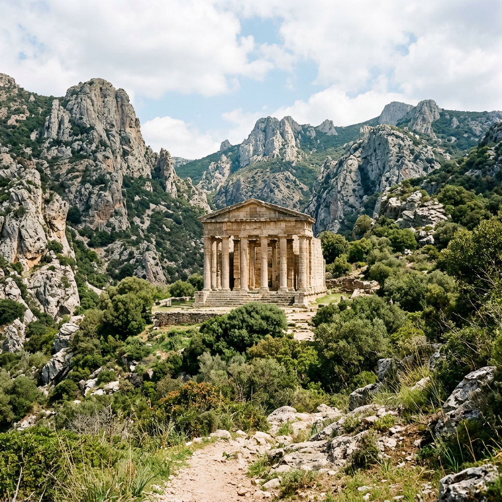 Classical stone temple surrounded by rugged mountains and green vegetation