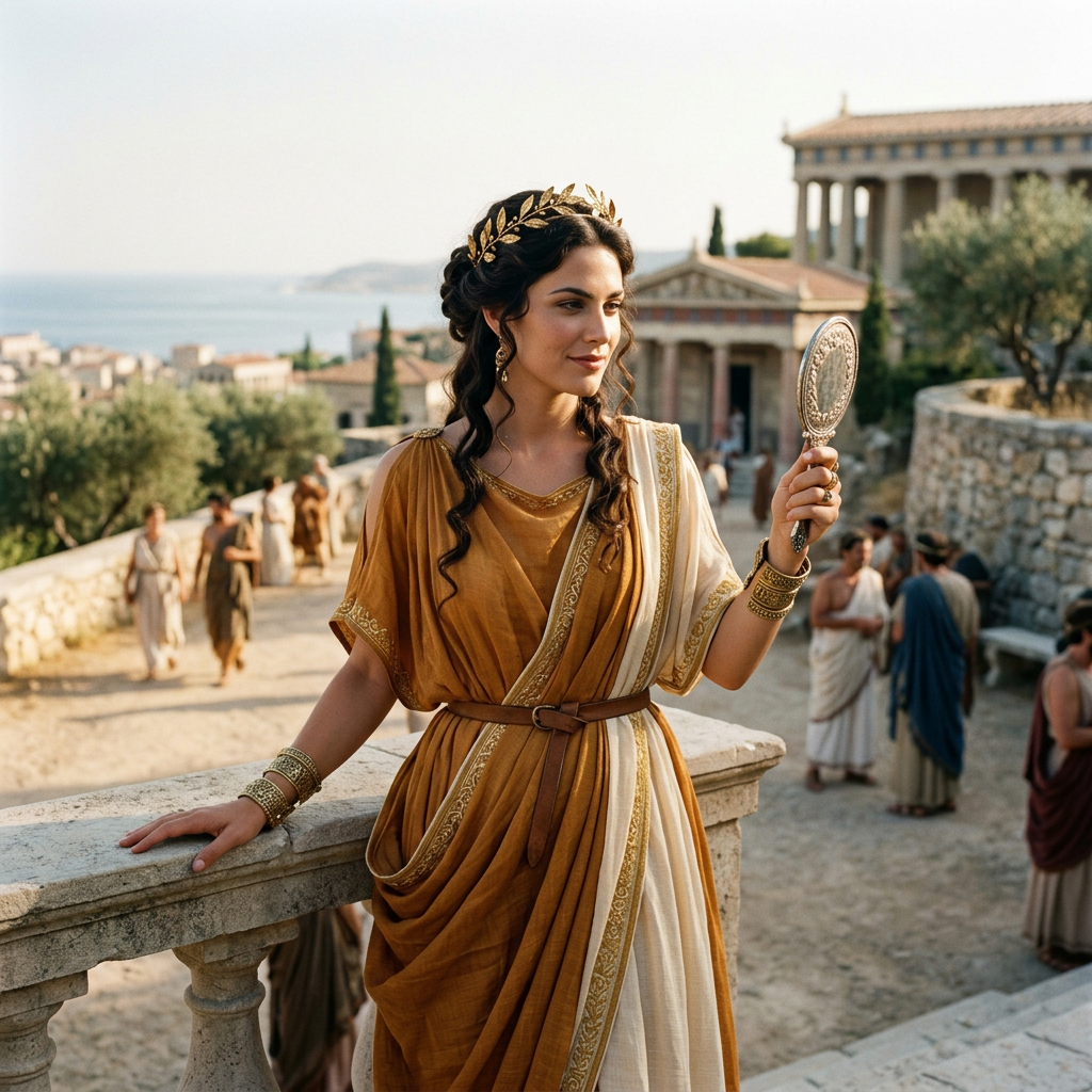 Woman in Greek-inspired dress holding a mirror overlooking ancient coastal ruins