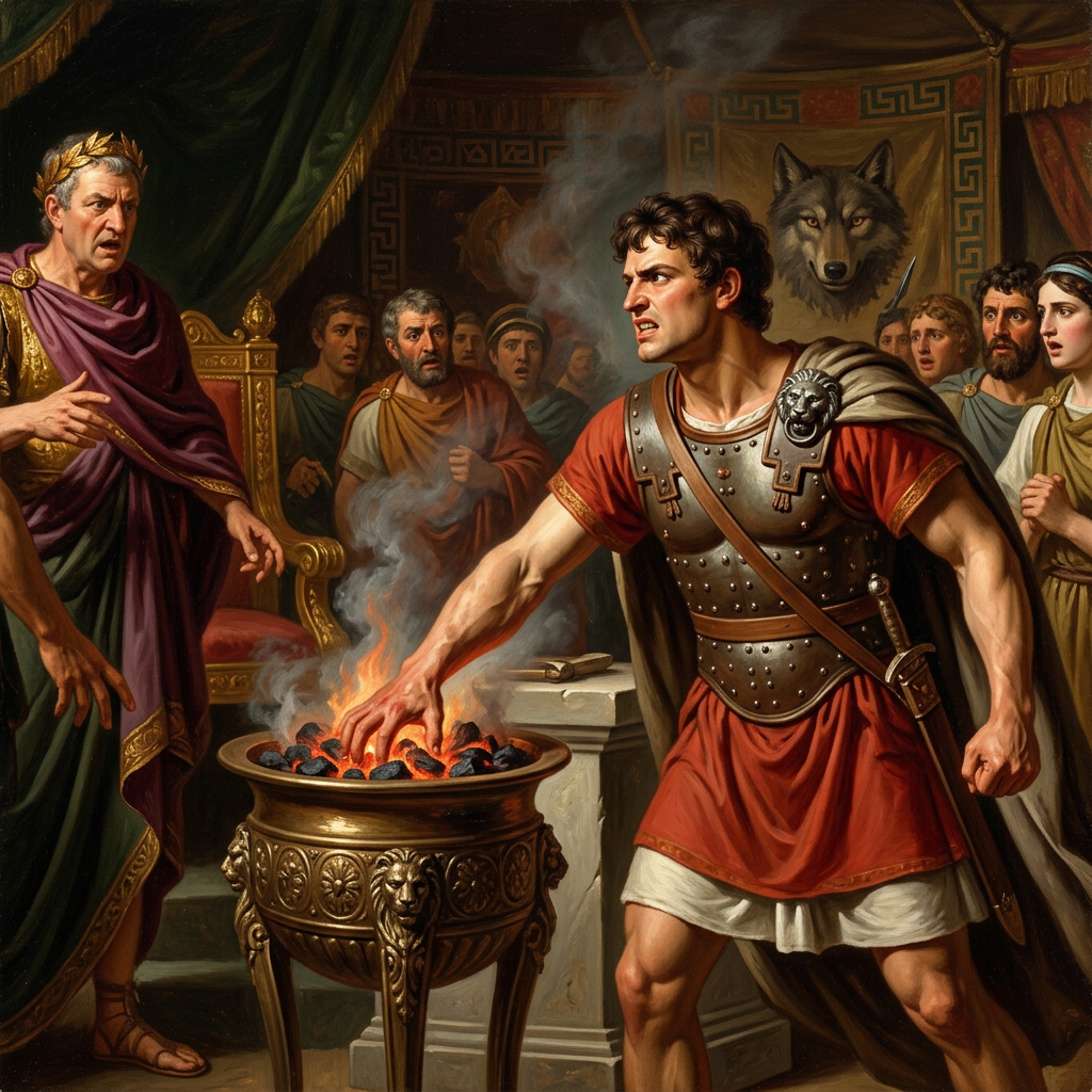 Roman commander reaching into a brazier before an emperor and witnesses