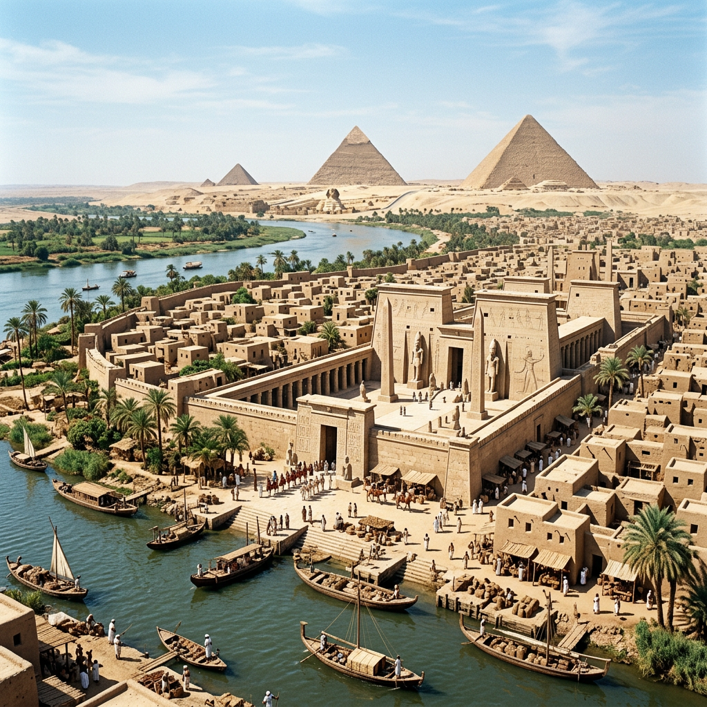 Ancient Egyptian city and temple beside the Nile, with pyramids beyond