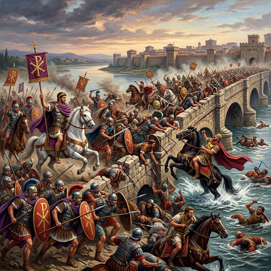 Roman soldiers storm a bridge beneath Chi-Rho banners