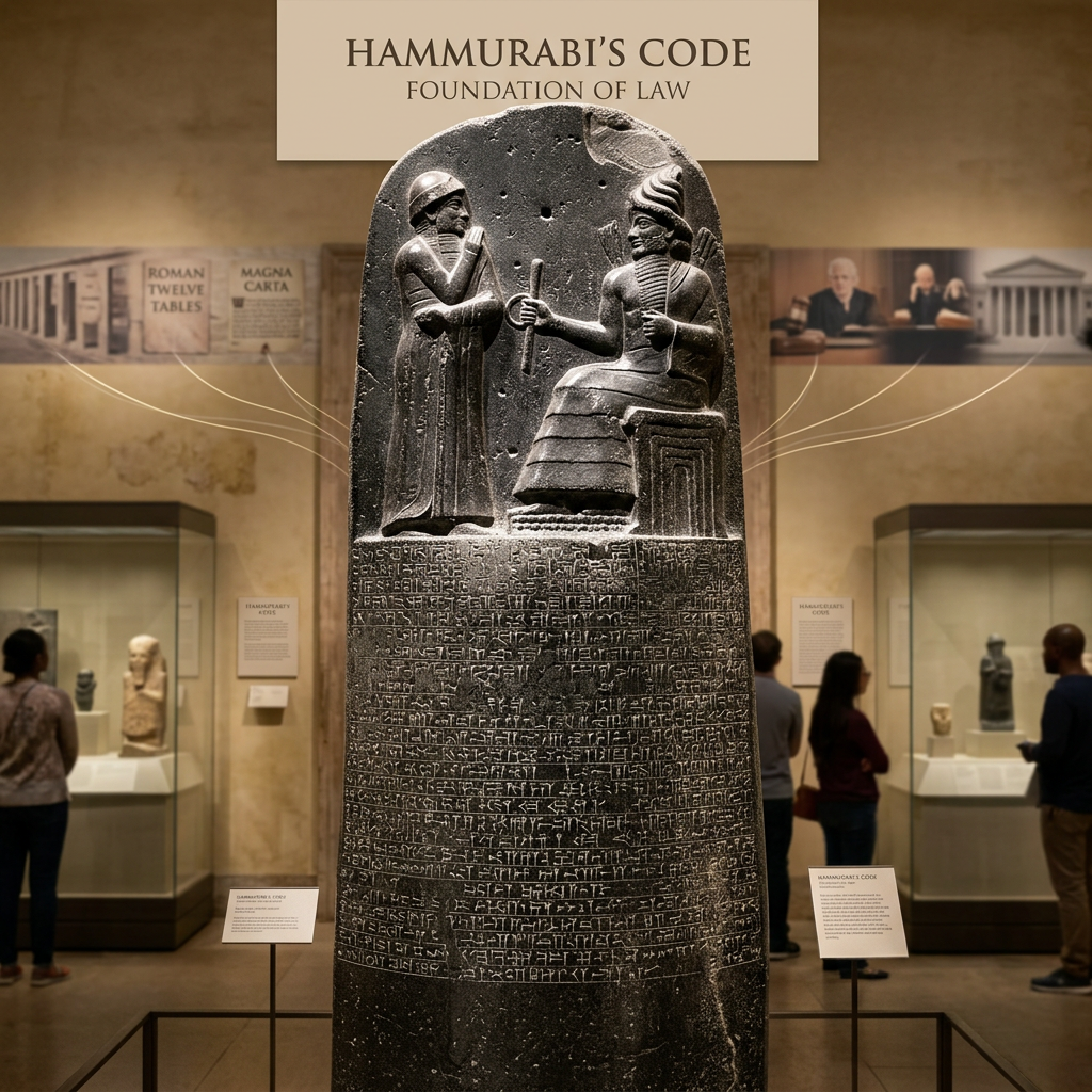 Stone stele of Hammurabi’s Code displayed in a museum gallery